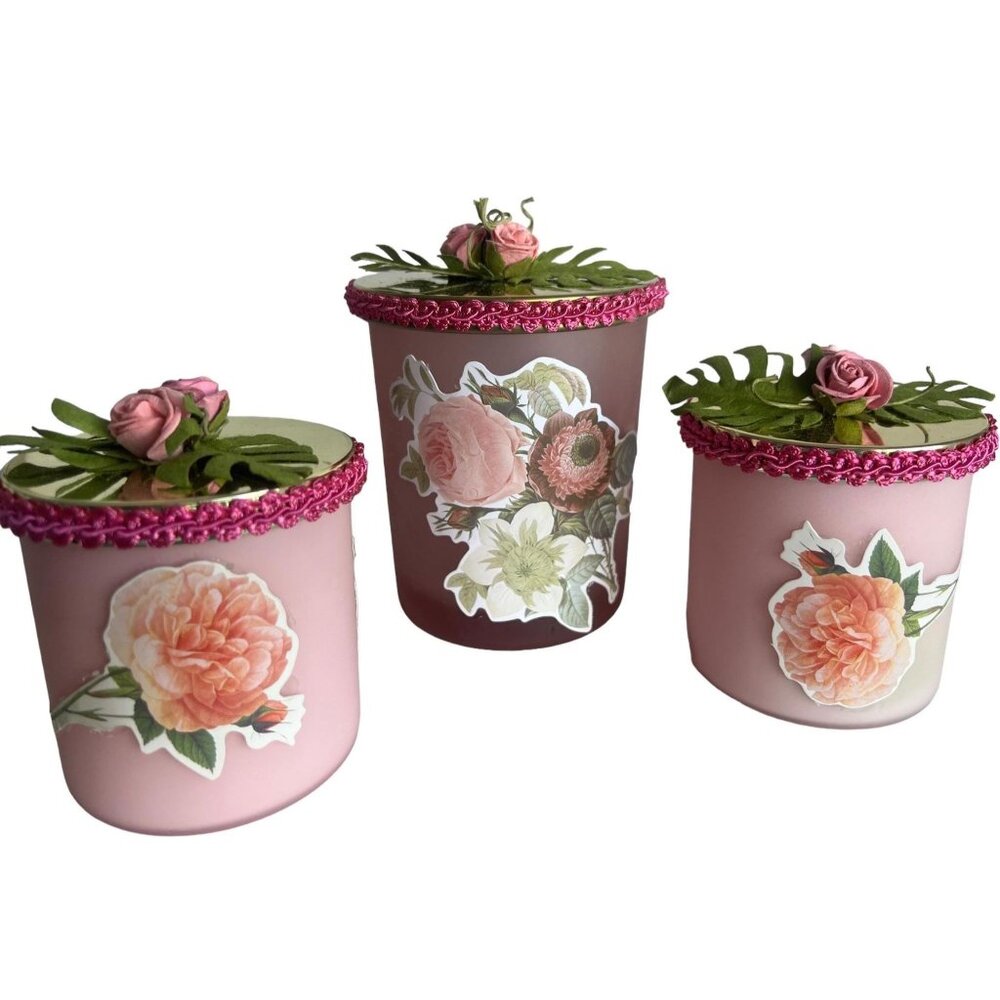 3-Piece Roses Vanity Set Jewel Encrusted FancyLid Gimp Vanity Jar Jeweled Ornate